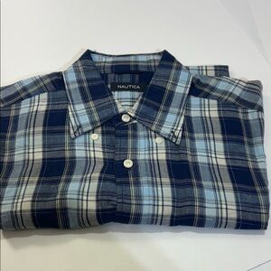 Nautica Men's Navy and Light Blue Plaid  shirt arm to arm 20 length 28